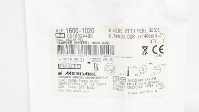 Microaire 1600-1020 K-Wire w/Wire Guide 0.028inch x 5.5inch (x)